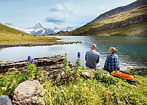 Pause for a moment at the lakeside and let your mind wander - surrounded by bright alpine flowers such as the aconite. With Scheckhorn in the distance. (bei Klick vergrösserte Ansicht Bild)